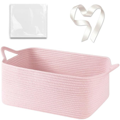 Large Empty Gift Baskets for Baby Shower, 16.5" L x 12.6" W x 7" H Cute Woven Storage Basket with Gift Bags and Ribbons, Small Rope Toy Basket with Handles, Cat Dog Pet Toy Organizer - Pink