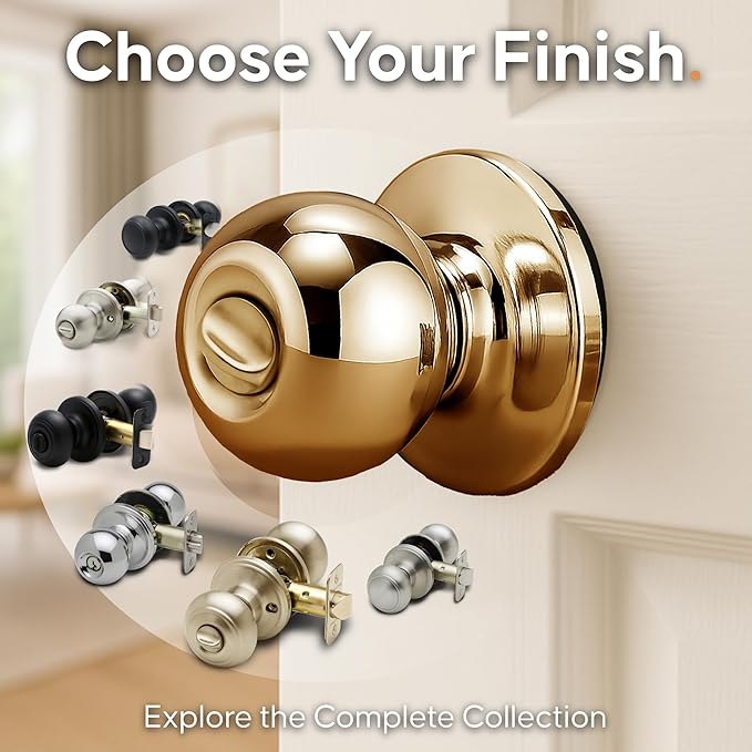 Copper Creek Privacy Interior Door Knob – ANSI Grade-3 Certified, Modern Heavy Duty Handle, Easy Install and Reversible for Bedroom, Bathroom & Closets – Polished Brass (1 Pack)