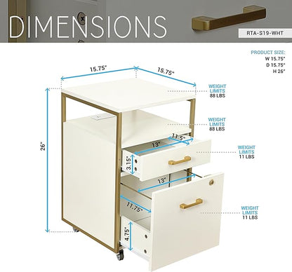 Modern 2-Drawer Rolling File Cabinet with Lock, 2 USB Ports and Power Outlet for Device Charging, Portable File Organizer or Printer Stand for Office or Home with Locking Wheels, White & Gold