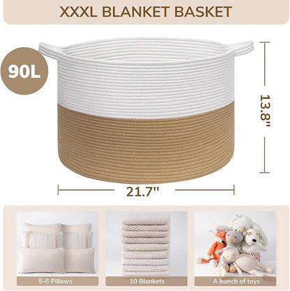 INDRESSME XXXLarge Jute Rope Basket 21.7" x 21.7" x 13.8" Woven Baby Laundry Baskets for Blankets Toys Storage Basket with Handle Comforter Cushions Storage Bins Thread Laundry Hamper
