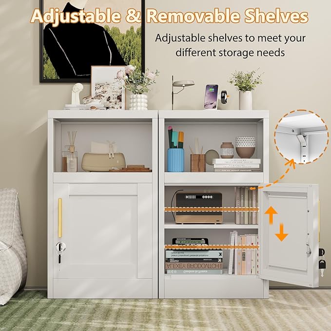 Tokawa Metal White Locking Nightstand, 27.56" Locker with Magnetic Door and Adjustable Shelve, Small Locker Nightstand, Side Table Storage Cabinets for Bedroom, Living Room, Office