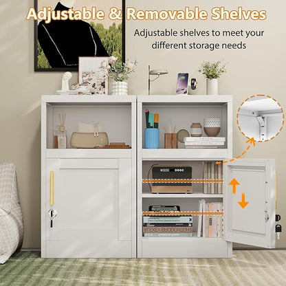 Tokawa Metal White Locking Nightstand, 27.56" Locker with Magnetic Door and Adjustable Shelve, Small Locker Nightstand, Side Table Storage Cabinets for Bedroom, Living Room, Office
