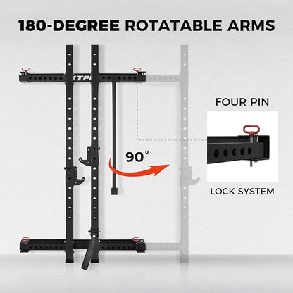RitFit 2.36'' x 2.36'' Folding Squat Rack for Home Gym, Wall Mounted Squat Rack with Attachments - Space Saving Squat Power Rack