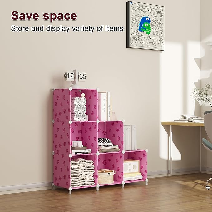 UNKU Cube Storage Organizer, 6 Cube Closet Organizer Storage Shelves, DIY Stackable Bookcase, Clothes Organizer Shelf for Closet, Bedroom, Living Room, Cabinet, Home, Office, Pink