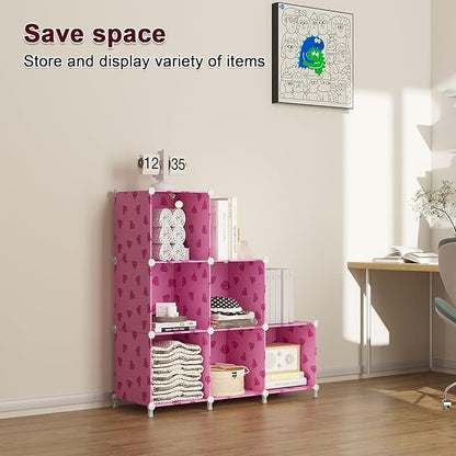 UNKU Cube Storage Organizer, 6 Cube Closet Organizer Storage Shelves, DIY Stackable Bookcase, Clothes Organizer Shelf for Closet, Bedroom, Living Room, Cabinet, Home, Office, Pink