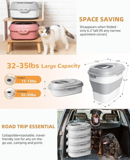 30-35 Lbs Dog Food Storage Container Collapsible Dog Food Container with Airtight Lids, Wheels, Scoop and 2pcs Food Storage Containers, Large Pet food storage for Dog, Cat