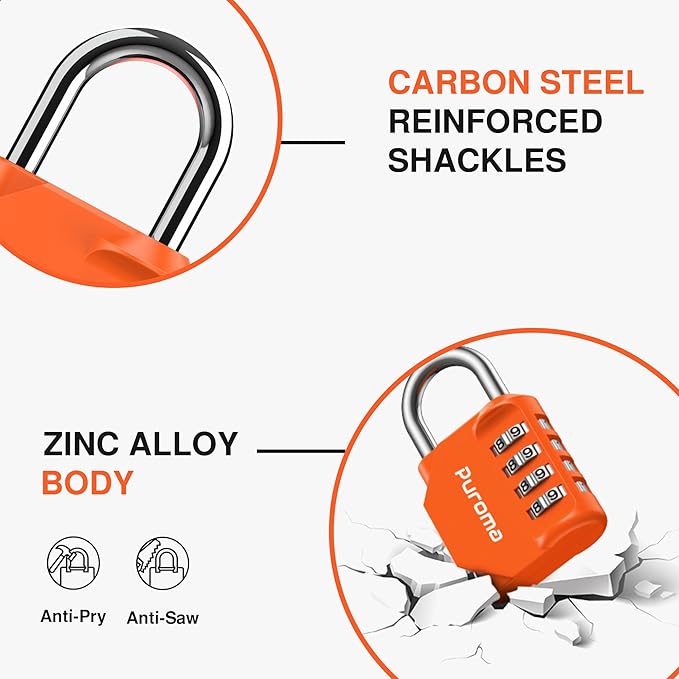 Puroma 1 Pack Combination Lock for Locker 4 Digit Outdoor Waterproof Padlock for School, Gym, Sports, Fence, Toolbox, Gate, Case, Outdoor, Hasp Storage, Cabinets (Orange)
