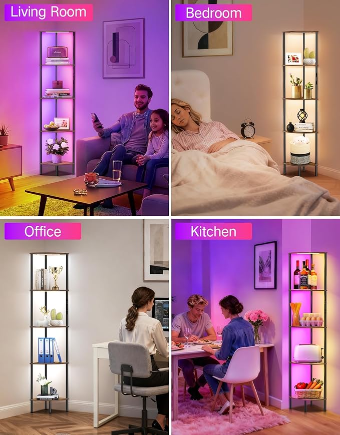 5 Tier Corner Shelf with RGB Lights, Touch & APP & Remote Control, Dimmable Narrow Corner Bookshelf with Music Sync, Display Shelf with Multiple Color Lights for Living Room, Bedroom