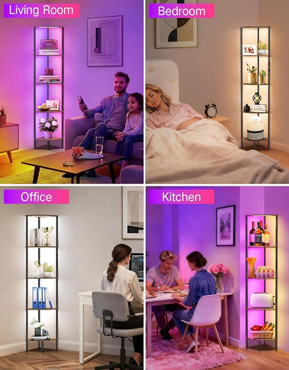 5 Tier Corner Shelf with RGB Lights, Touch & APP & Remote Control, Dimmable Narrow Corner Bookshelf with Music Sync, Display Shelf with Multiple Color Lights for Living Room, Bedroom