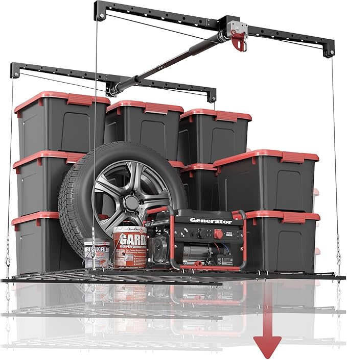 Overhead Garage Storage Rack, Heavy-duty 4x4 Ft Ceiling Storage Racks with Safety Lock, Ideal for Garage Storage Mounted Lift System and Storage Organizer, 250lbs Capacity, Black (10-12 ft Ceiling)