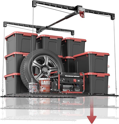 Overhead Garage Storage Rack, Heavy-duty 4x4 Ft Ceiling Storage Racks with Safety Lock, Ideal for Garage Storage Mounted Lift System and Storage Organizer, 250lbs Capacity, Black (10-12 ft Ceiling)
