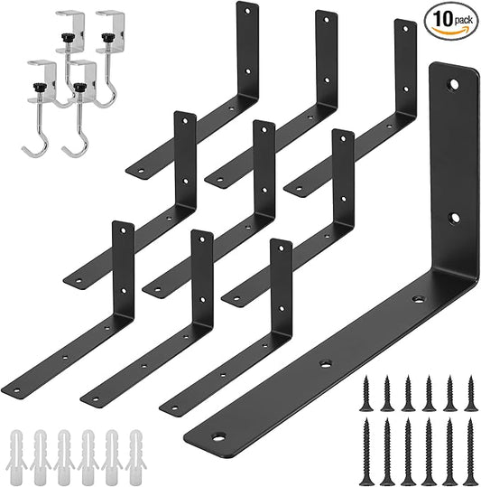 L Floating Shelf Brackets,10 Pack Heavy Duty L Brackets for Shelves, L 10" X H 6" Black Metal Countertop Support Brackets,Wall Mounting for Wood