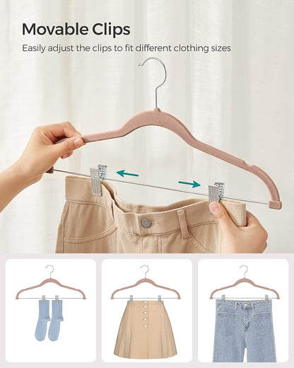 SONGMICS 30-Pack Pants Hangers, 16.7-Inch Long Velvet Hangers with Adjustable Clips, Heavy-Duty, Non-Slip Skirt Hangers, Space-Saving for Pants, Skirts, Coats, Dresses, Pale Brown UCRF012LB30