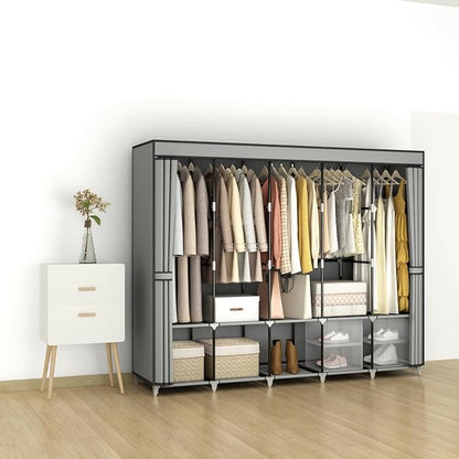 83 Inch Wide Portable Closet Wardrobe, Clothes Storage Rack Organizer with Cover, 5 Clothes Hanging Rods and 10 Storage Shelves, Grey