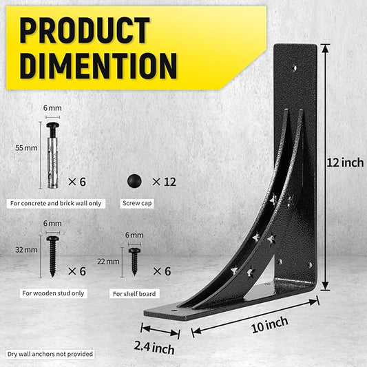 12 inch x 10 inch Heavy Duty Shelf Brackets，max Load 900 LBS,Premium Alloy Metal Mantel Brackets , (Set of 2) Countertop Support Brackets (Black-Metallic Silver)