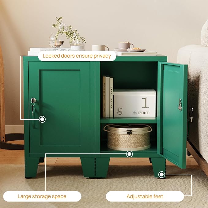 ALBAD Metal Nightstand with Lockable Cabinet, Compact Mini Locker Bedside Table for Kids & Adults, Modern Steel Side Table for Bedroom, Dorm, or Living Room (Green)