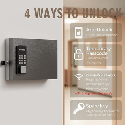 WeHere 16-Key Key Lock Box Wall Mount – Smart Key Cabinet with App, Keypad, Bluetooth & WiFi Unlock (Sold Separately), Key Organizer for Home, Access Log Tracking Key Management for Small Office