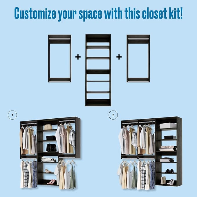 Modular Closets Vista Collection Closet Organizer System - 3 Piece Wall Mounted Kit with Hanging Rods & Shelves, Grey, Fits Closets 84” or wider