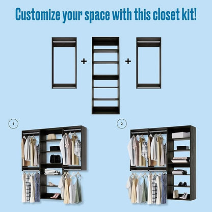 Modular Closets Vista Collection Closet Organizer System - 3 Piece Wall Mounted Kit with Hanging Rods & Shelves, Grey, Fits Closets 84” or wider