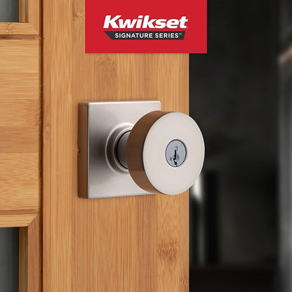 Kwikset Pismo Entry Door Knob with Lock and Key, Secure Keyed Handle Exterior, Front Entrance and Bedroom, Satin Nickel, 4 Pack, Pick Resistant SmartKey Rekey Security and Microban