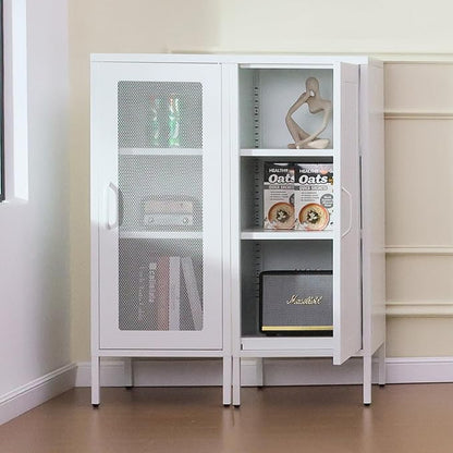 Slim Metal Storage Cabinet with Mesh Doors - 42'' Tall Narrow Organizer Tower, Compact Freestanding Cabinet, Versatile Utility Storage for Home, Office, Bedroom, or Kitchen, Durable and Modern Design