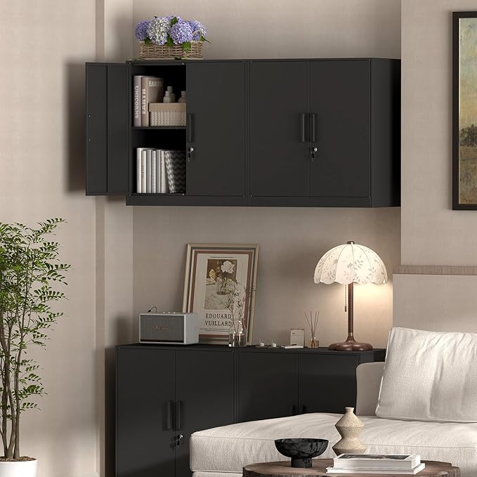 Metal Wall Cabinet,Garage Wall Cabinet with Handle,Lockable Storage Cabinets Wall Mounted with 2 Doors,Locking Cabinet with Shelves for Basement,Living Home,Black