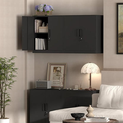 Metal Wall Cabinet,Garage Wall Cabinet with Handle,Lockable Storage Cabinets Wall Mounted with 2 Doors,Locking Cabinet with Shelves for Basement,Living Home,Black