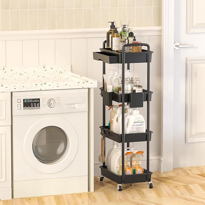 4 Tier Rolling Utility Cart with Drawer, Plastic Storage Organizer Rolling Carts with Wheels Handles Hanging Cups Hooks for Office, Bathroom, Kitchen,Craft Art Room (Black)