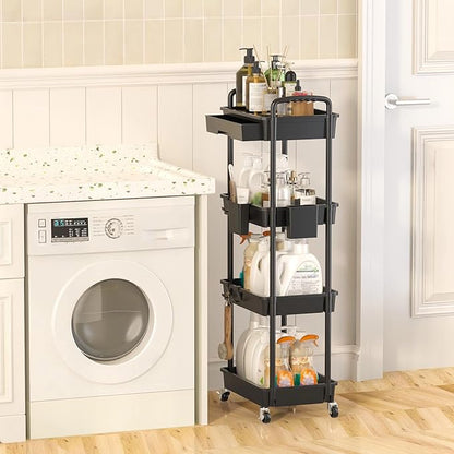 4 Tier Rolling Utility Cart with Drawer, Plastic Storage Organizer Rolling Carts with Wheels Handles Hanging Cups Hooks for Office, Bathroom, Kitchen,Craft Art Room (Black)
