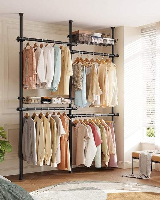 Floor-to-Ceiling Clothing Rack with 2 Wire Storage Baskets, 4 Hanging Rods, Adjustable Tension Closet Organizer for Bedroom, Walk-In Closet, Laundry Room, 4-Pole, Black