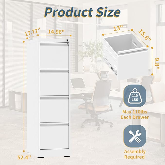 4 Drawer File Cabinet with Lock, Vertical Filing Cabinets for Home Office, Metal Storage Cabinets, Heavy Duty File Cabinet for Letter/Legal/A4/F4 Size Amsseble Required, White