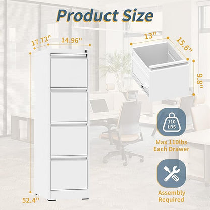 4 Drawer File Cabinet with Lock, Vertical Filing Cabinets for Home Office, Metal Storage Cabinets, Heavy Duty File Cabinet for Letter/Legal/A4/F4 Size Amsseble Required, White