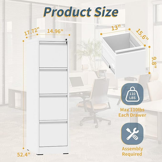 4 Drawer File Cabinet with Lock, Vertical Filing Cabinets for Home Office, Metal Storage Cabinets, Heavy Duty File Cabinet for Letter/Legal/A4/F4 Size Amsseble Required, White