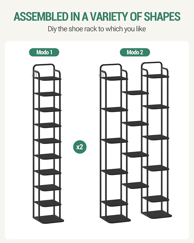 Vertical Shoe Rack, Shoe Shelves, Wood Shoe Organizer for Closet, Entryway, Shoe Tower for Small Spaces, Free Standing, Adjustable, with 2 Hooks, 10 Tier Black SR11204B