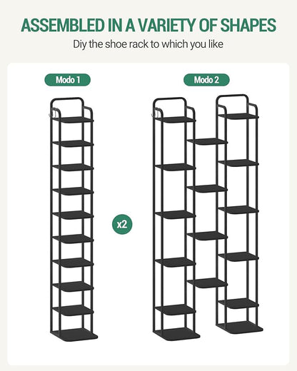 Vertical Shoe Rack, Shoe Shelves, Wood Shoe Organizer for Closet, Entryway, Shoe Tower for Small Spaces, Free Standing, Adjustable, with 2 Hooks, 10 Tier Black SR11204B