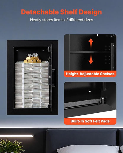 VEVOR Wall Safe, 3-Tier Hidden Wall Safe with Fingerprint, Password, Key & Turning Knob, Q235 Cold-Rolled Steel In-Wall Box with Adjustable Shelves & Key Holders for Money, Jewelry, Passport, Document