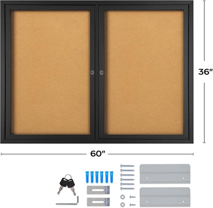INNOVART Enclosed Bulletin Board 60”x36”, Lockable Cork Noticeboard with Black Aluminum Frame, Outdoor Enclosed Bulletin Board Weatherproof, Wall Display Case with Swing-Open Door Information Cabinet