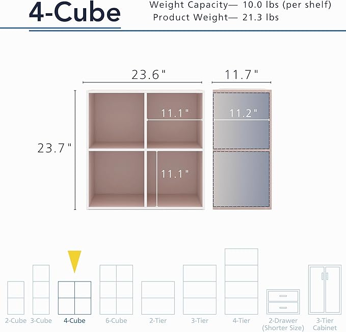 Homes: Inside + Out Apexa 4-Cube Storage Organizer Shelves, Stackable Wood Bookcase Fits Cubby Bins for Organization, Dorm Teen Room Decor & Home Office, Light Pink