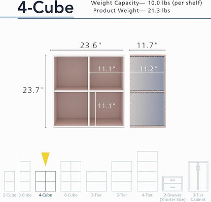 Homes: Inside + Out Apexa 4-Cube Storage Organizer Shelves, Stackable Wood Bookcase Fits Cubby Bins for Organization, Dorm Teen Room Decor & Home Office, Light Pink