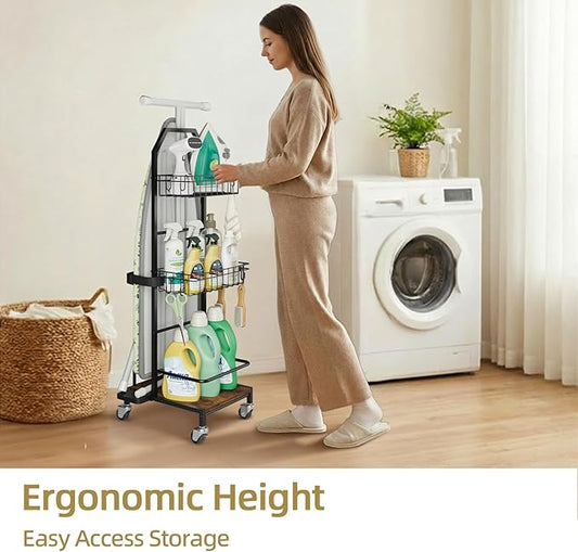 Ironing Board Holder Cart for Small & Narrow Laundry Rooms, Freestanding Iron & Ironing Board Storage Rack for T & X Boards with 3-Tier Shelves, Rolling Metal Wheels, Hooks, No Wall Mount
