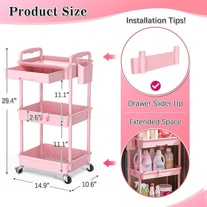 3 Tier Rolling Cart with Drawer, Bathroom Storage Organizer with 2 Lockable Wheels, Multifunctional Rolling Storage Cart for Bathroom, Kitchen, Office, Craft, Makeup, Baby Essentials, Pink