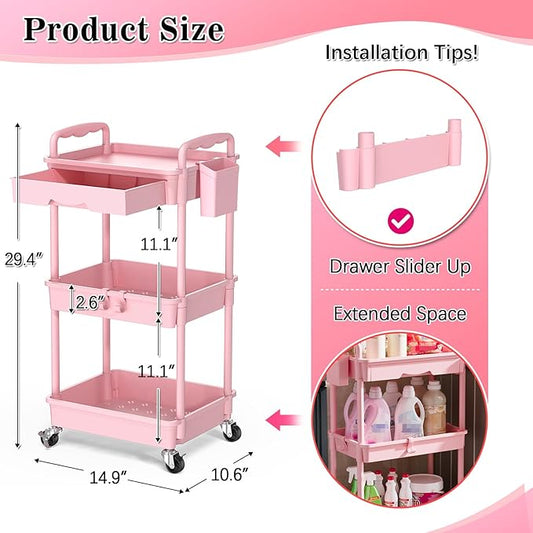 3 Tier Rolling Cart with Drawer, Bathroom Storage Organizer with 2 Lockable Wheels, Multifunctional Rolling Storage Cart for Bathroom, Kitchen, Office, Craft, Makeup, Baby Essentials, Pink
