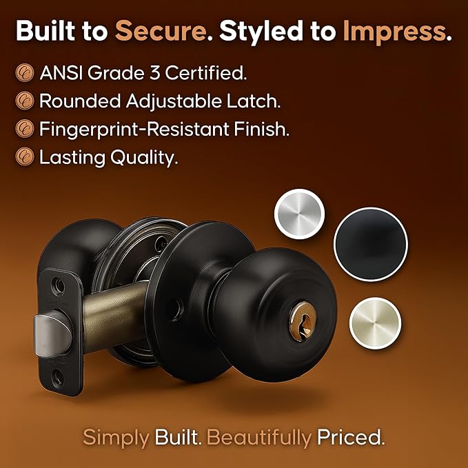 Copper Creek Colonial Entry Door Knob – Keyed Entry Handle with Lock and Key, ANSI Grade-3 Certified, DIY-Friendly Install for Interior and Exterior Entrance Doors – Matte Black (1 Pack)