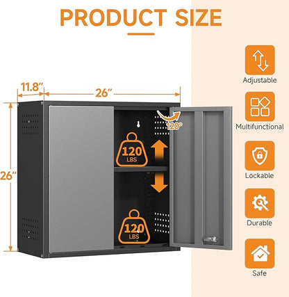 Metal Garage Wall Cabinet with 2 Doors and 1 Adjustable Shelf,Lockable Floating Tool Cabinet with Pegboard,Steel Storage Cabinet for Kitchen,Office,Garage,Laundry,Warehouse(Black&Gray, 26"H)