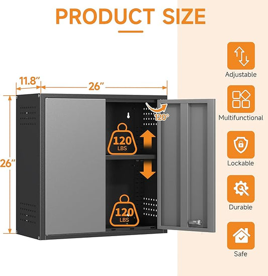 Metal Garage Wall Cabinet with 2 Doors and 1 Adjustable Shelf,Lockable Floating Tool Cabinet with Pegboard,Steel Storage Cabinet for Kitchen,Office,Garage,Laundry,Warehouse(Black&Gray, 26"H)
