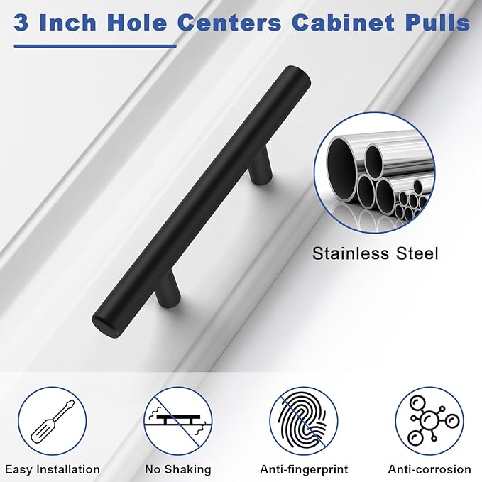 Estmoon 45 Pack 3 Inch Cabinet Pulls Matte Black Cabinet Handles Drawer Pulls Stainless Steel Black Drawer Handles Kitchen Cabinet Hardware Handles for Cabinets and Drawers - 5" Overall Length