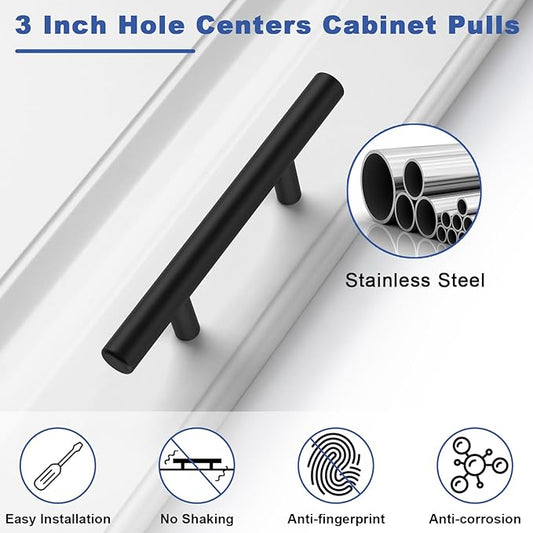 Estmoon 45 Pack 3 Inch Cabinet Pulls Matte Black Cabinet Handles Drawer Pulls Stainless Steel Black Drawer Handles Kitchen Cabinet Hardware Handles for Cabinets and Drawers - 5" Overall Length