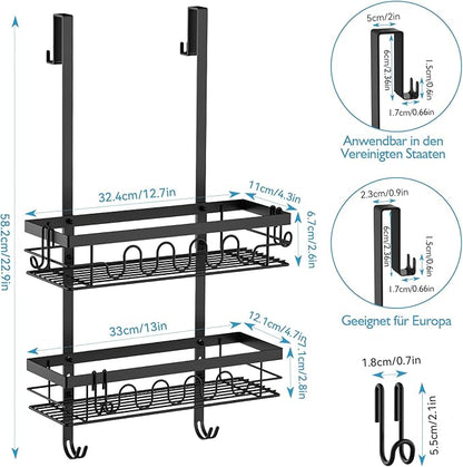 Over the Door Shower Caddy Hanging, 3-in-1 Rustproof Shower Organizer for Glass Door, No Drilling Shower Shelves with 4+3 Hooks, Wave Design, Stable, Adjustable Suitable for Kitchen/Bathroom/Balcony