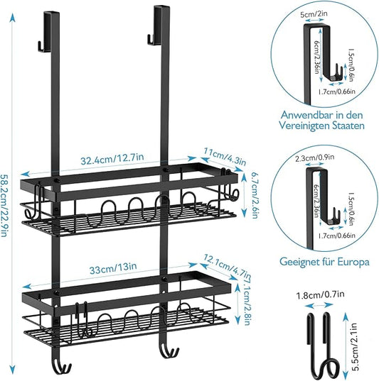 Over the Door Shower Caddy Hanging, 3-in-1 Rustproof Shower Organizer for Glass Door, No Drilling Shower Shelves with 4+3 Hooks, Wave Design, Stable, Adjustable Suitable for Kitchen/Bathroom/Balcony