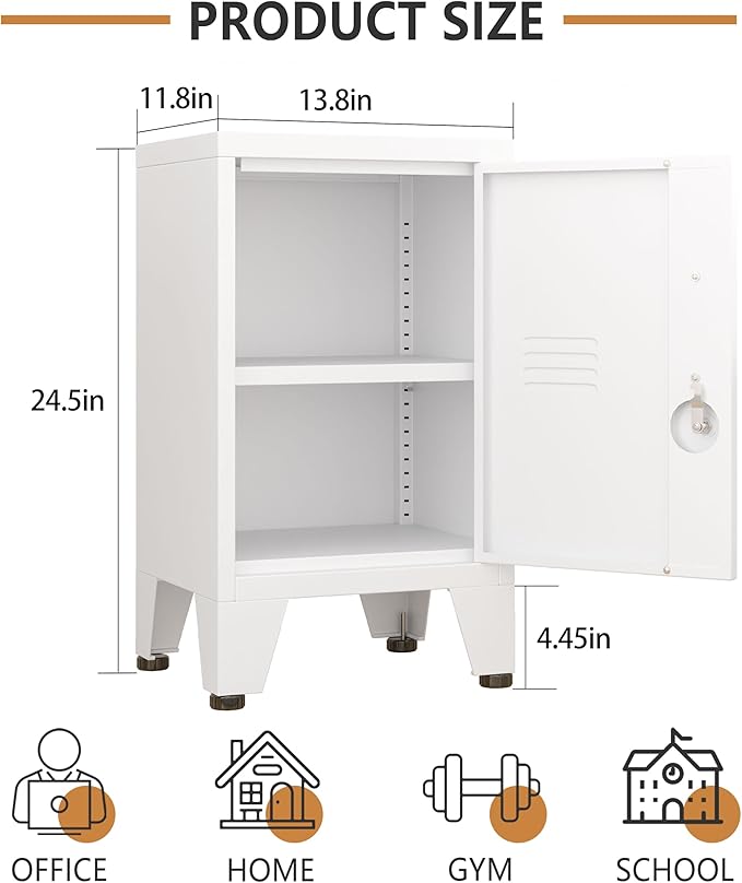 24.5"H Metal Locker Storage Cabinet with Lock - Small Lockable Employees Locking Cabinet Steel Locker Adjustable Shelf & Feet, Single Door Lockable Cabinet for Home, School, Office, Gym (White)